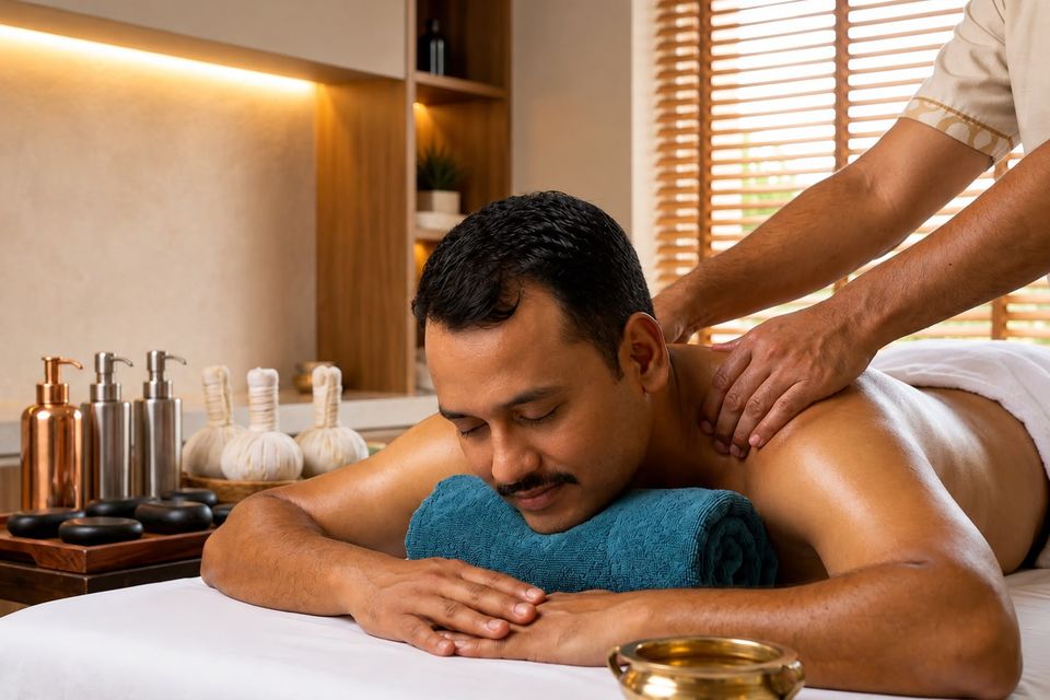 Therapist performing Abhyanga full-body warm oil massage