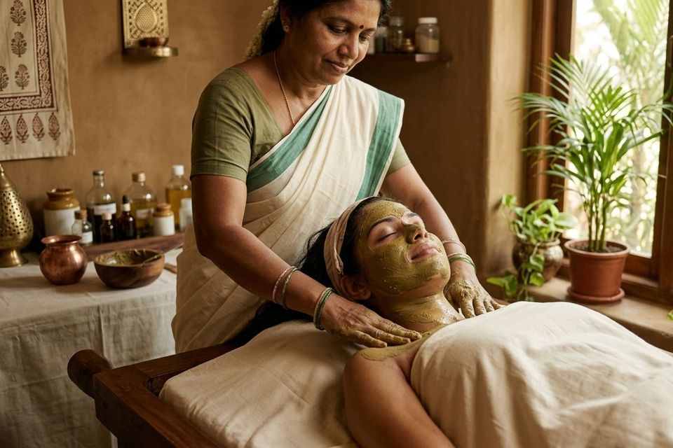 Herbal de-tan pack being applied to a client's face and neck