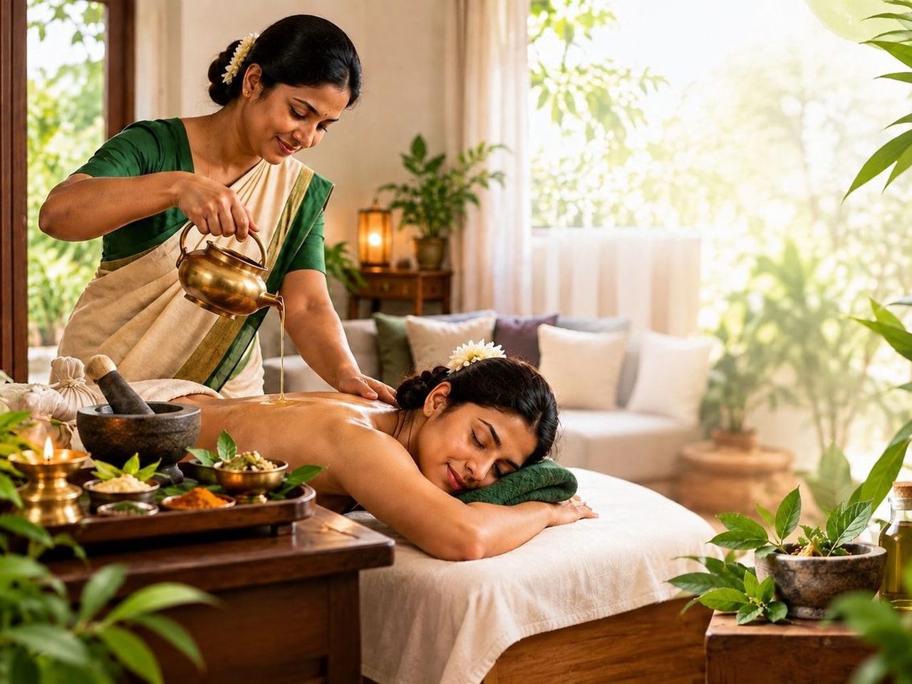 Ayurvedic therapist pouring warm herbal oil during an at-home Abhyanga massage