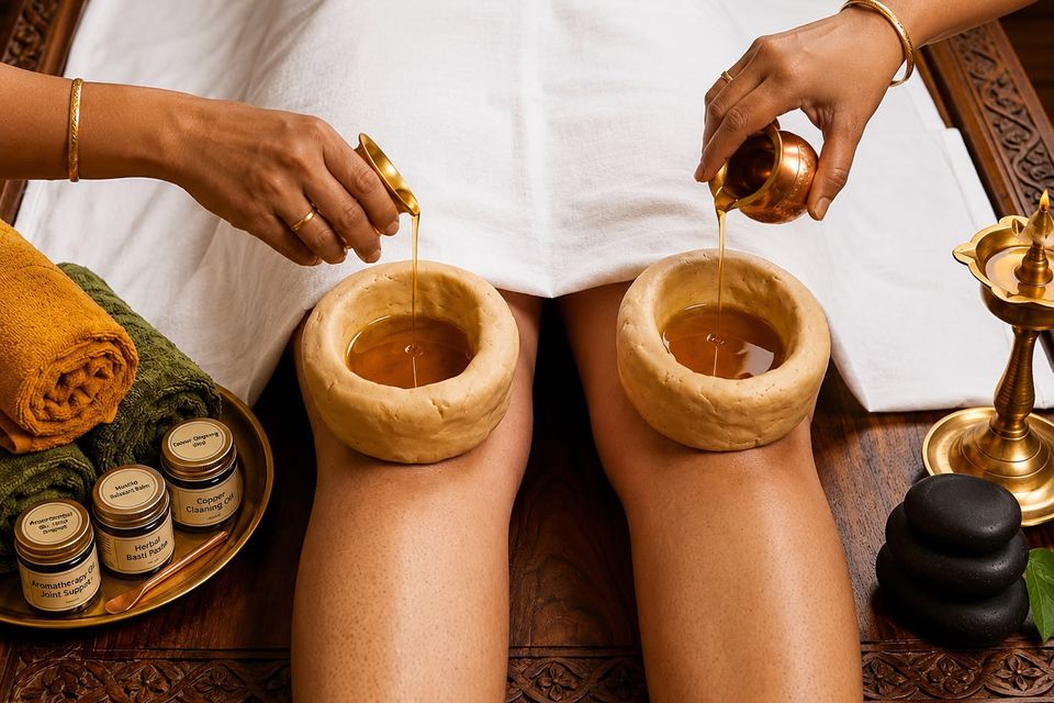 Warm medicated oil held over the knees in a dough ring during Janu Vasthi